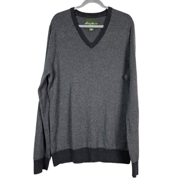 Eddie Bauer Gray/Black Cotton/Cashmere Zig Zag Stripe Knit V-Neck Sweater L Tall - Picture 1 of 6